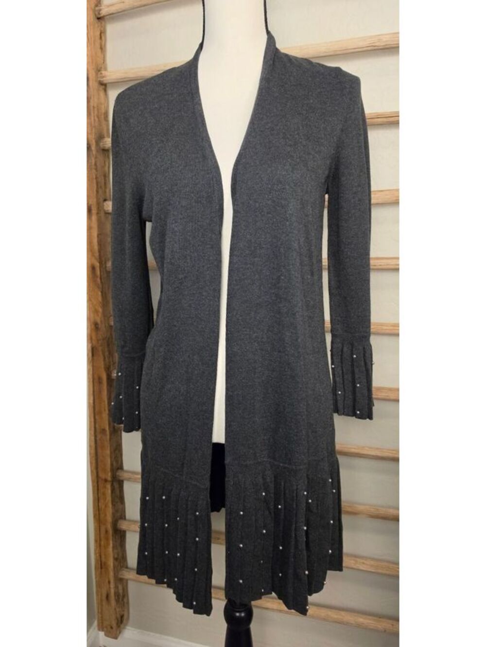 Chico's NWT Charcoal Gray Open Front Cardigan Pearl Pleated Bell Sleeve Sweater